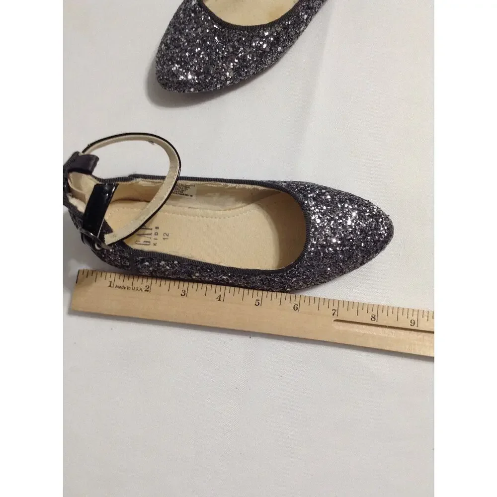 GAP Kids Girls Silver Glitter Ballet Flats Ankle Strap Dress Shoe Zipper Size 12